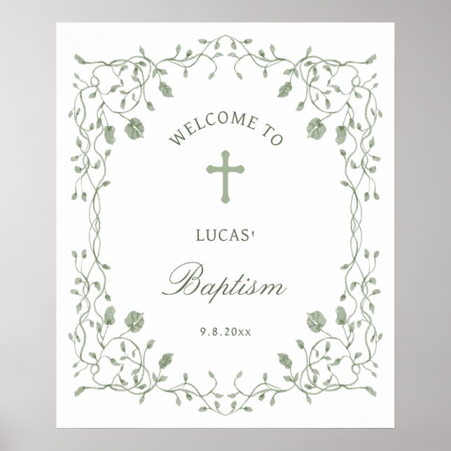 Poster Sage Green Foliage Frame Baptism Welcome (Devant)