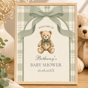 Poster Sage Green Gingham Teddy Bear Bienvenue