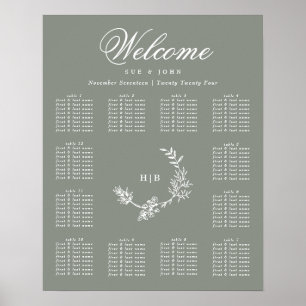 Poster Sage Green Monogramme Mariage de couronne 12 table