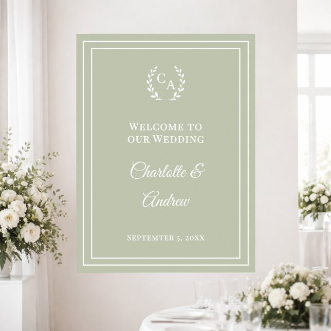 Poster Sage green monogrammed elegant wedding welcome (Créateur téléchargé)
