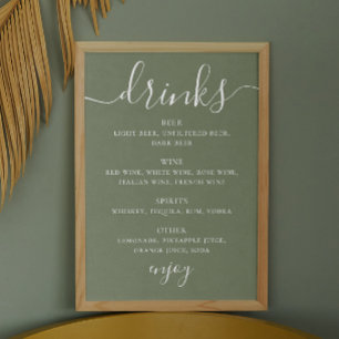 Poster Sage green script mariage alcool menu bar boissons