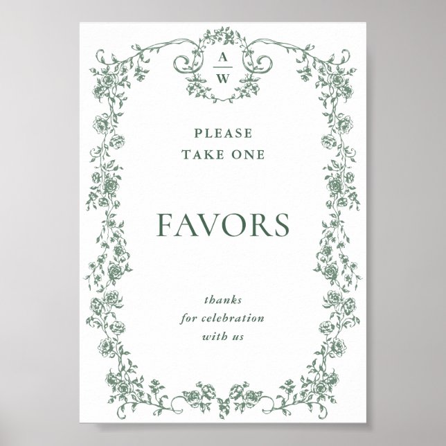 Poster Sage Green Victorian Ornate Floral Faveurs Mariage (Devant)