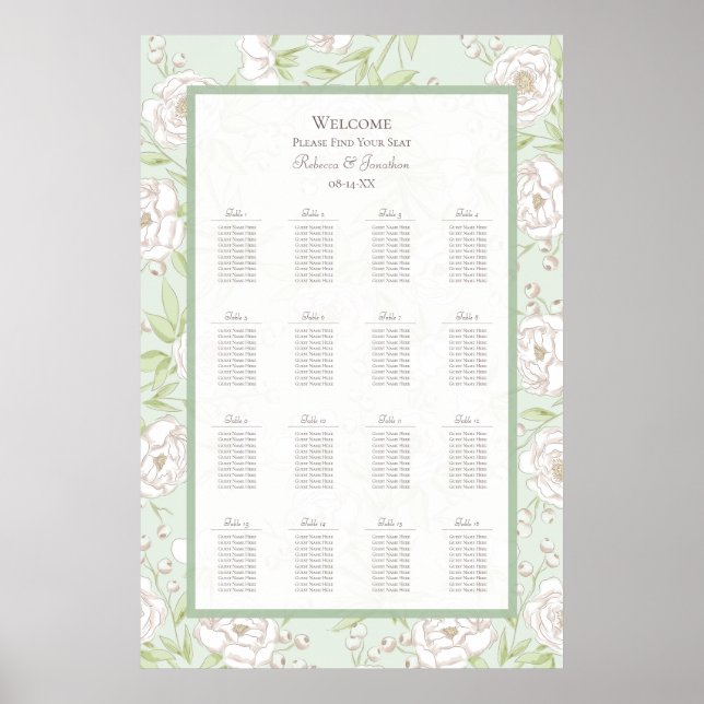 Poster Sage Green White Rose Wedding Seating Chart (Devant)
