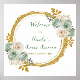 Poster Sage Vert et or Elegant Fleurs Sweet sixteen