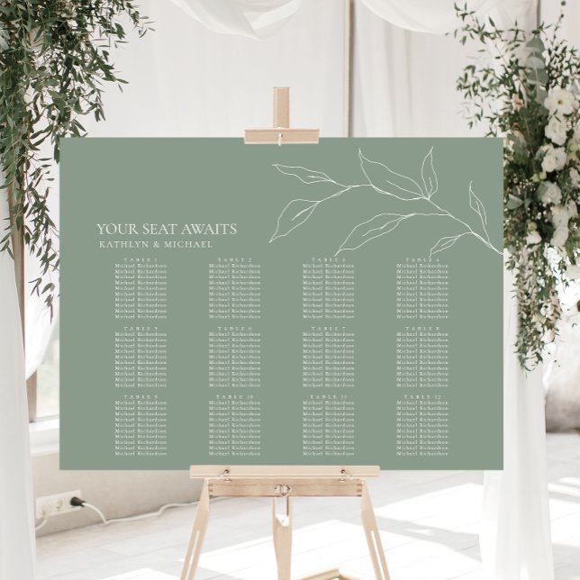 Poster Sage Vert Feuille d'olive Mariage 12 Table Sièges (Créateur téléchargé)