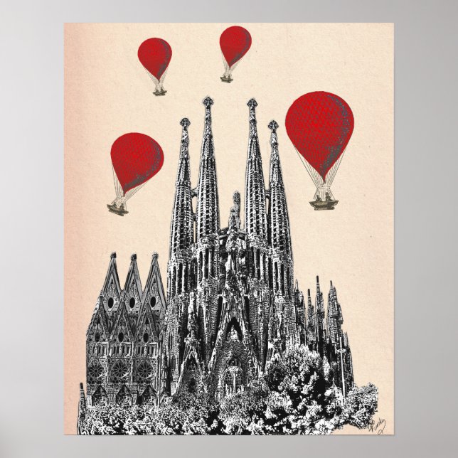 Poster Sagrada Familia et Ballons Red Hot Air (Devant)