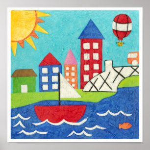 Poster Sailboat and Hot Air Balloon with Cityscape
