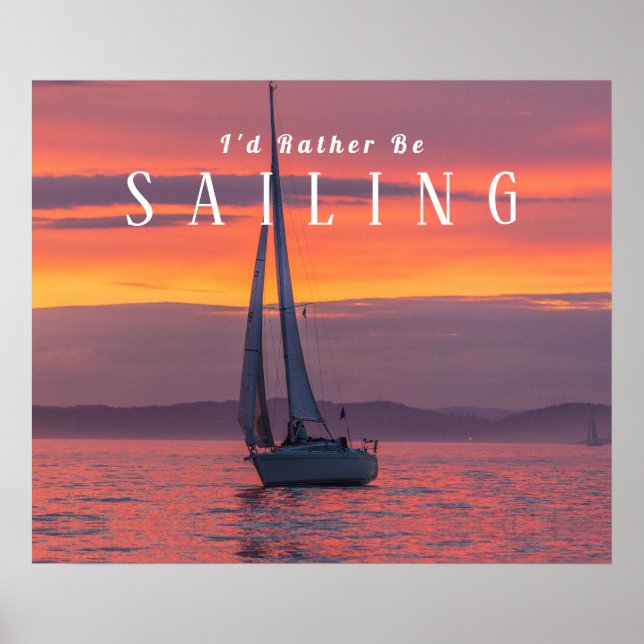 Poster Sailboat Sunset Orange Gold Purple Sky, texte blan (Devant)