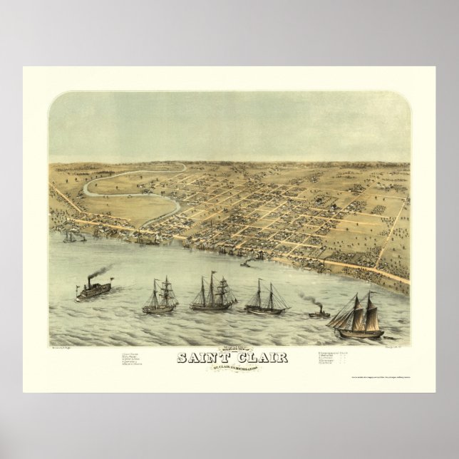Poster Saint Clair, MI Carte panoramique - 1868 (Devant)