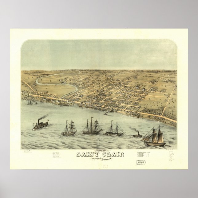 Poster Saint Clair Michigan 1868 Carte panoramique antiqu (Devant)