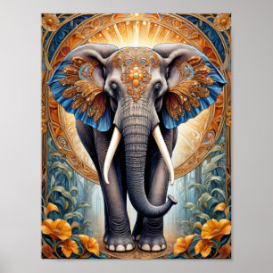 Poster Saint éléphant indien sur motif ethnique et fleurs