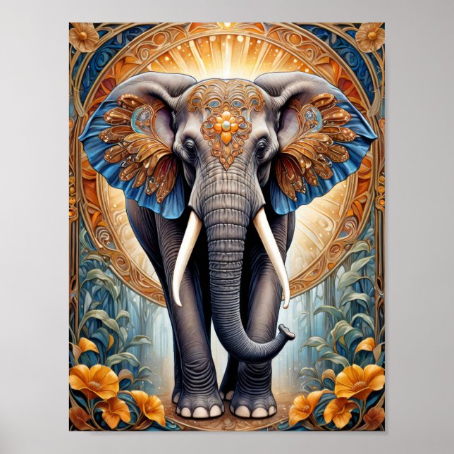 Poster Saint éléphant indien sur motif ethnique et fleurs (Devant)