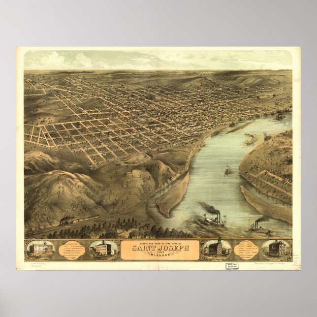 Poster Saint Joseph Missouri 1868 Carte panoramique antiq (Devant)