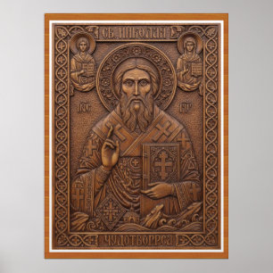 Poster Saint Nicolas, lettres orthodoxes en bois vierge n