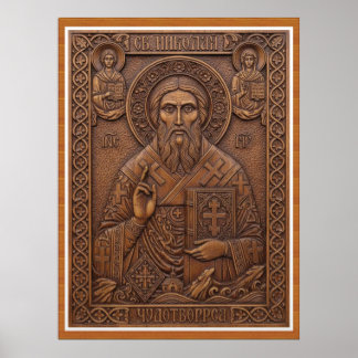 Poster Saint Nicolas, lettres orthodoxes en bois vierge n