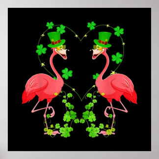 Poster Saint Patrick's Day Flamant rose Shamrock Coeur