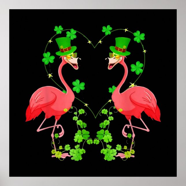 Poster Saint Patrick's Day Flamant rose Shamrock Coeur (Devant)