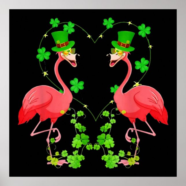 Poster Saint Patrick's Day Flamant rose Shamrock Coeur (Devant)