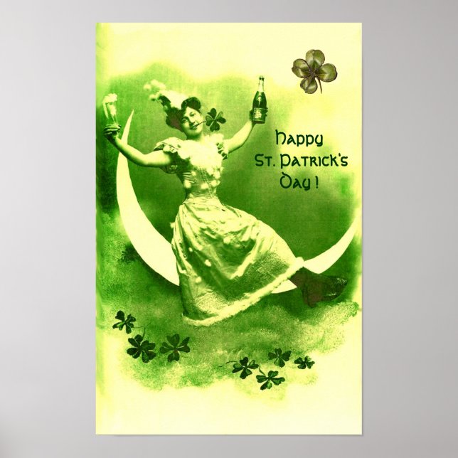 POSTER SAINT PATRICK'S DAY LUNE LADY AVEC SHAMROCK (Devant)