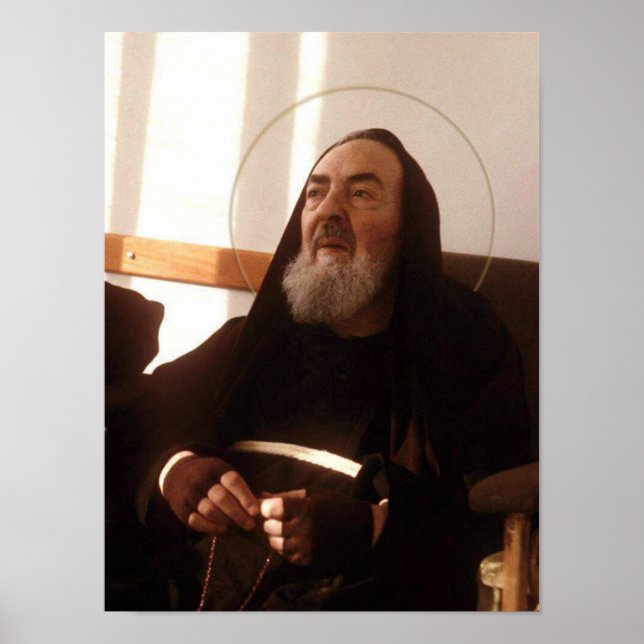 Poster Saint Pio priant Le Saint Rosaire. (Devant)