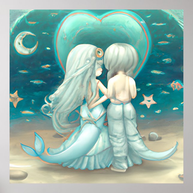 Poster Saint Valentin cadeau belle sirènes amour turquois (Devant)