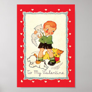 Poster Saint-Valentin Victorien Vintage Garçon, Chat et C