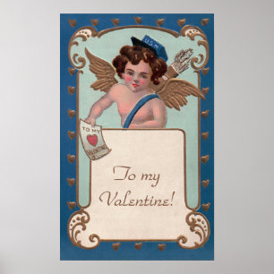Poster Saint-Valentin vintage, chérubin avec lettres d'am