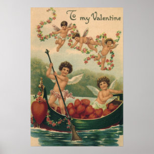 Poster Saint Valentin vintage, Cherubs victoriens en bate