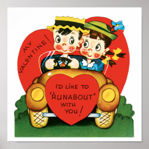Poster Saint Valentin vintage, mignonne garçon et fille e