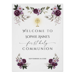 Poster Sainte Communion Purple Pink Fleurs Bienvenue