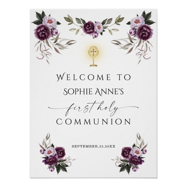 Poster Sainte Communion Purple Pink Fleurs Bienvenue (Devant)