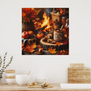 Poster Saison d'automne Citrouilles et Camp Fire AI Poste