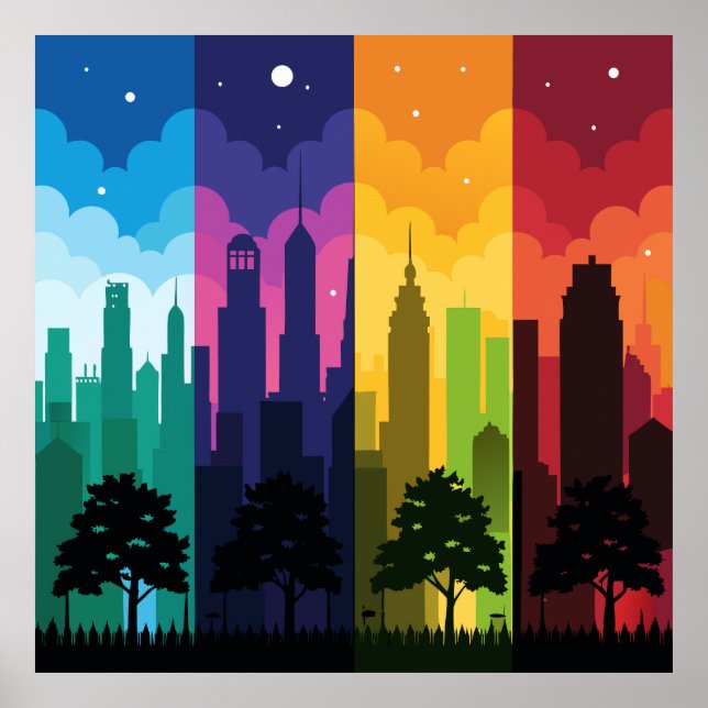 Poster Saisons de Silhouette du paysage urbain (Devant)