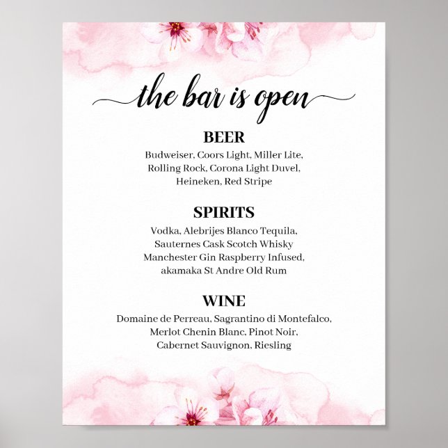 Poster Sakura Blossom Calligraphie Mariage Barre Menu Pan (Devant)