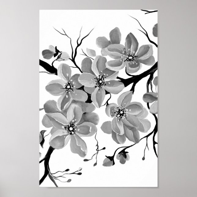 Poster Sakura Cerisier japonais Noir et blanc (Devant)