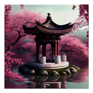 Poster Sakura Cherry Blossom Garden Shrine Pond Japonais