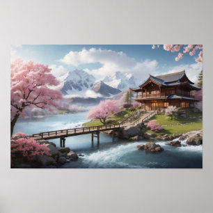 Poster Sakura d'hiver avec vue sur la montagne