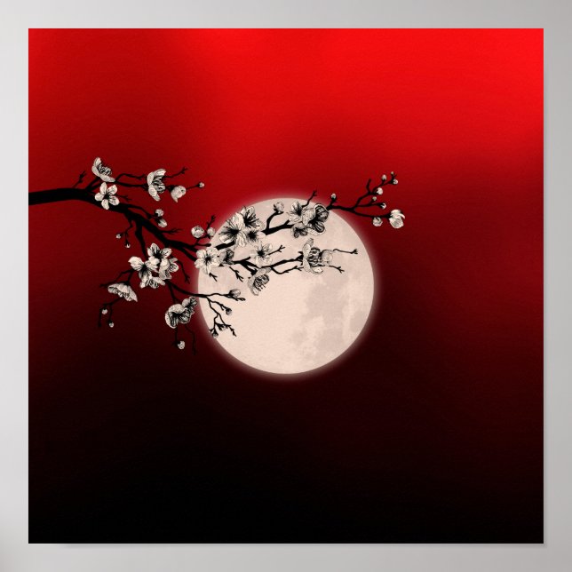 Poster Sakura - fleur blanche - lune (Devant)