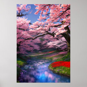 Poster Sakura Trees Embrassez le ruisseau Calm