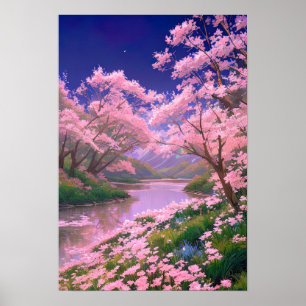Poster Sakura Trees sur la Serene Riverbank