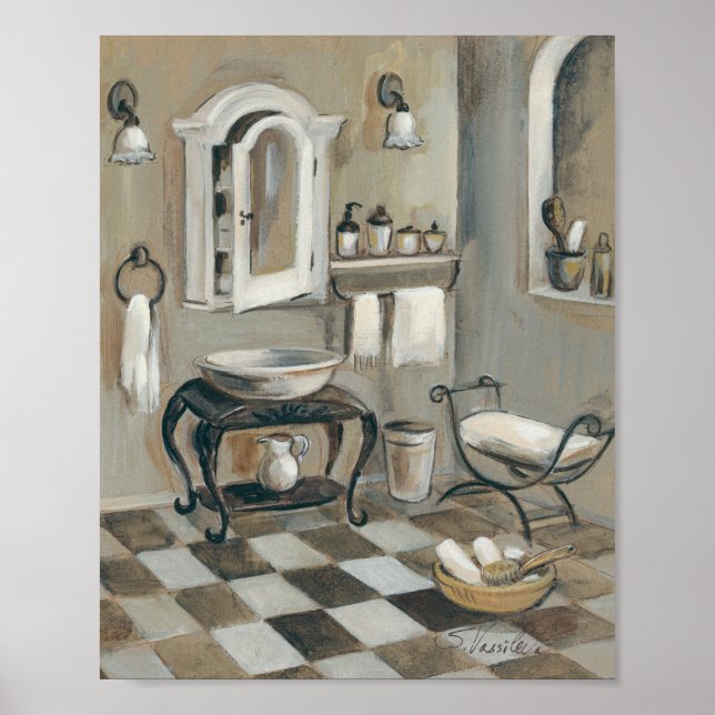 Poster Salle de bain française carrelée en noir et blanc (Devant)