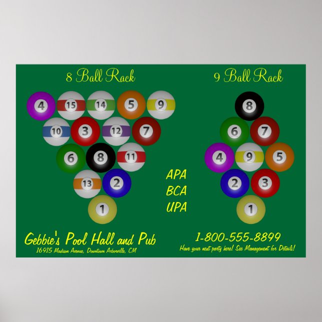 Poster Salle de billard de 8 balles 9 balles (Devant)