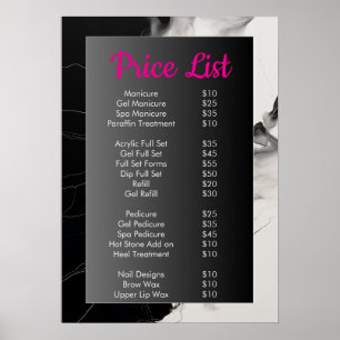 Poster Salon à ongles en marbre noir et blanc Menu Prix