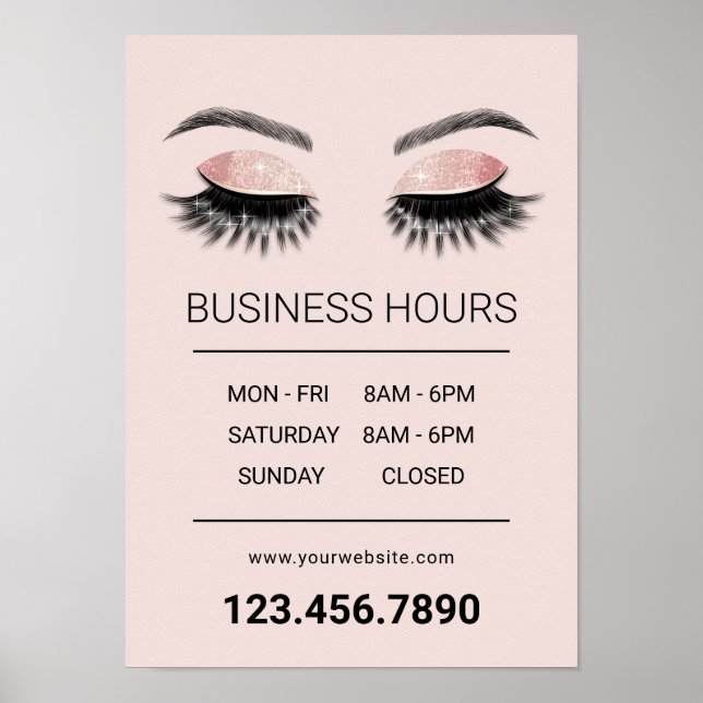 Poster Salon de beauté rose Gold Eyelash Heures d'ouvertu (Devant)