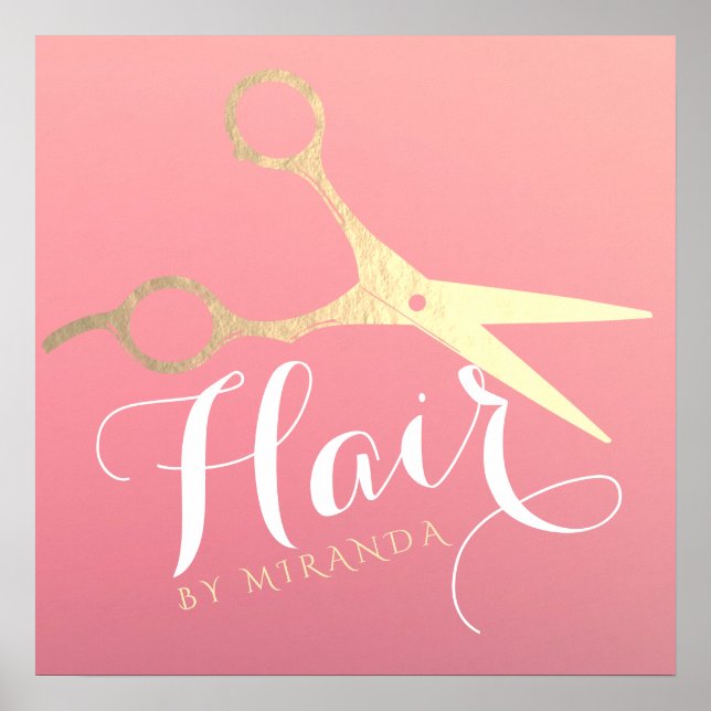 Poster Salon de maquillage moderne ciseaux d'or rose (Devant)