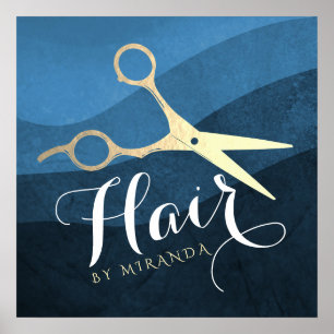Poster Salon des cheveux Coiffeuse Ciseaux bleu et or mod