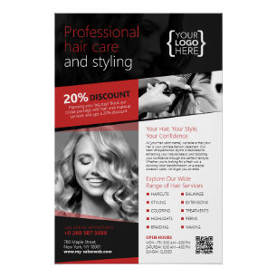 Poster Salon des cheveux noirs et rouges, Coiffeur (brill