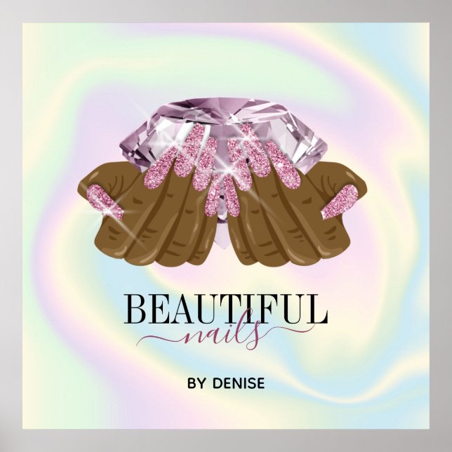 Poster salon holographique ongle femme main nails technic (Devant)