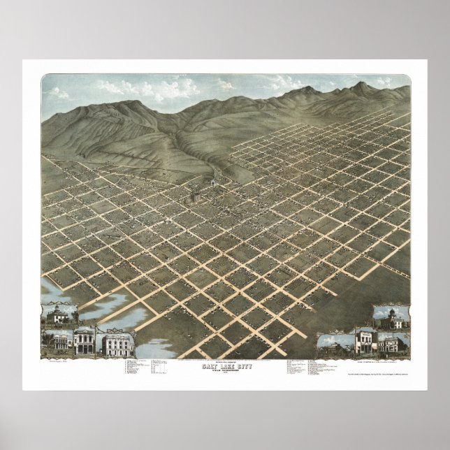 Poster Salt Lake City, UT Carte panoramique - 1870 (Devant)