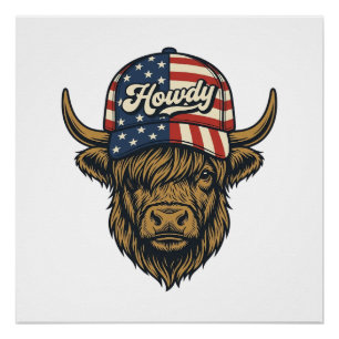 Poster Salut Vache Highland Patriotique Design Western Vi
